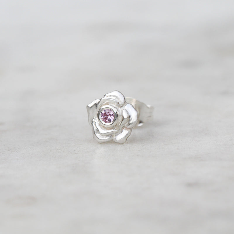 Rose stud with a pink sapphire in sterling silver