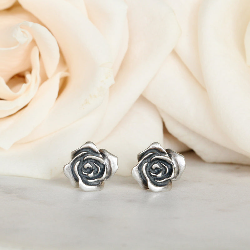 rose earrings blackened silver