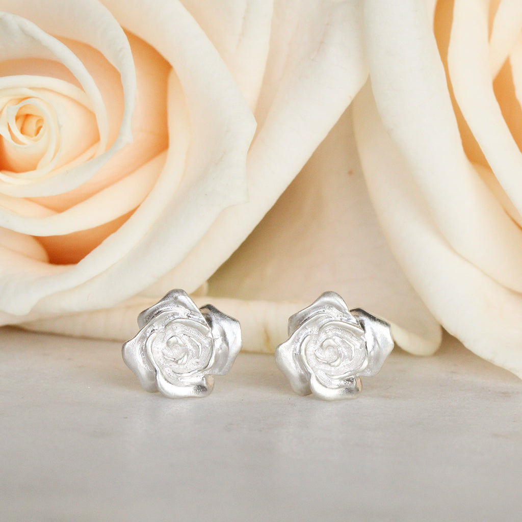 silver rose earrings