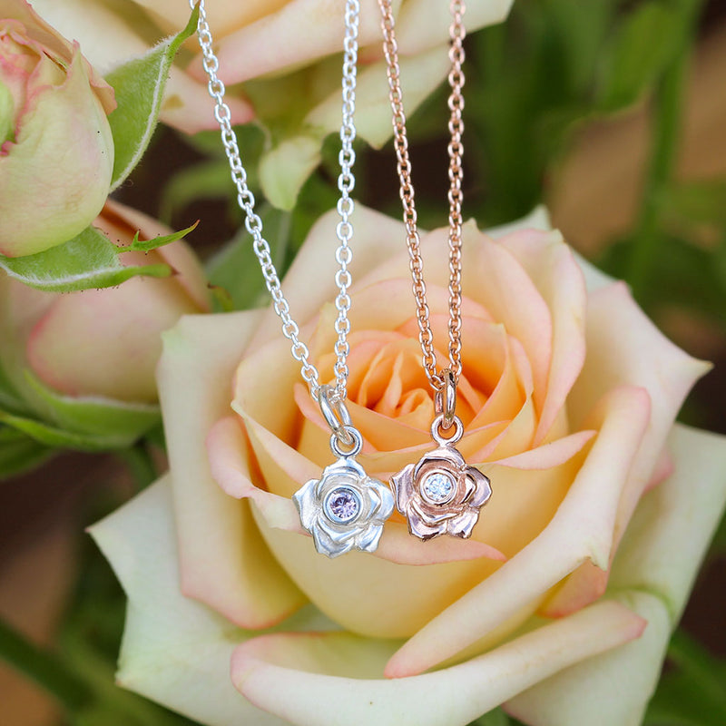 Rose necklaces in sterling silver and rose gold