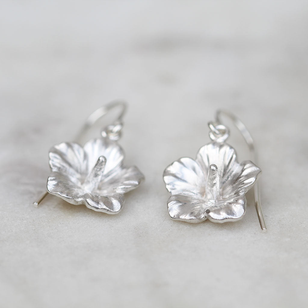 Silver rose of Sharon earrings