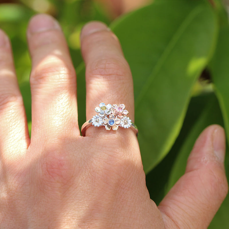 Multi-colour sapphires floral ring