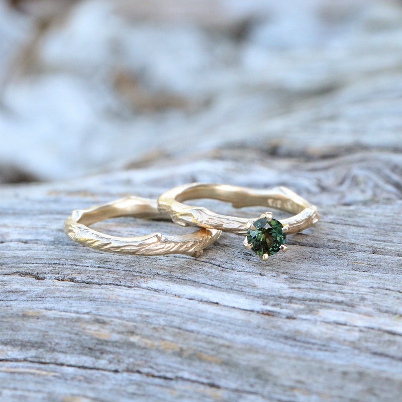 forest engagement ring and wedding ring