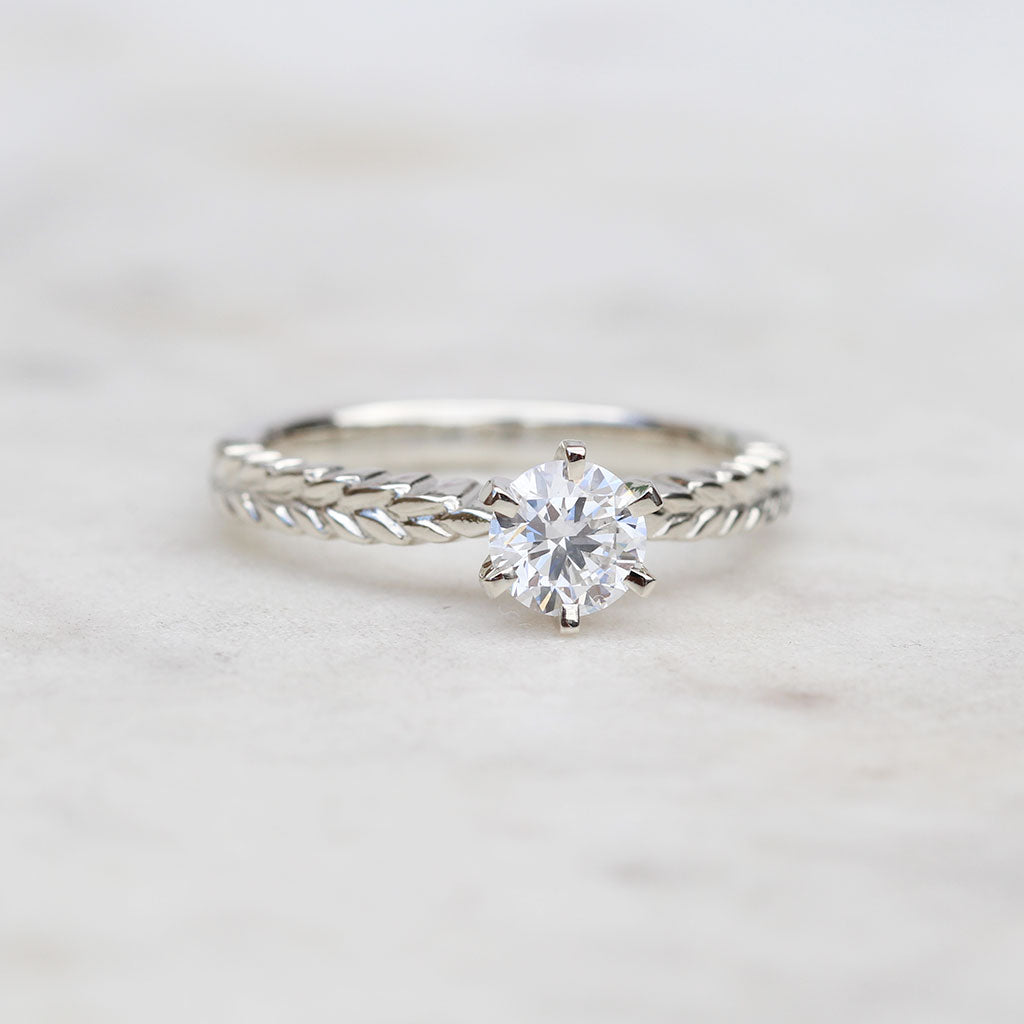 Silver fern dew ring in white gold