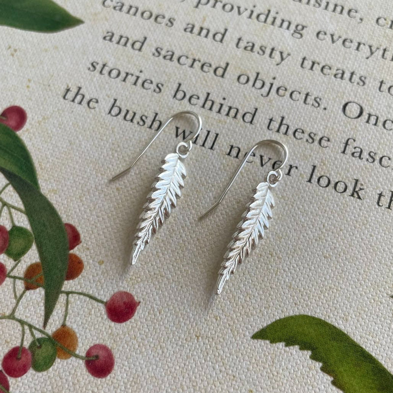 silver fern earrings. NZ native botanical earrings
