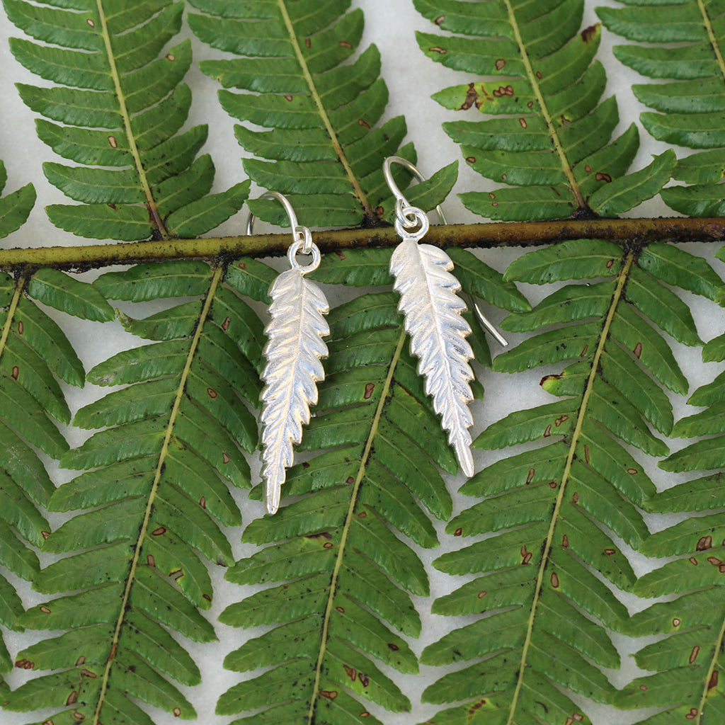Silver fern hook earrings in sterling silver