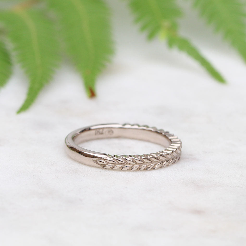 Silver fern wedding ring in 18ct white gold