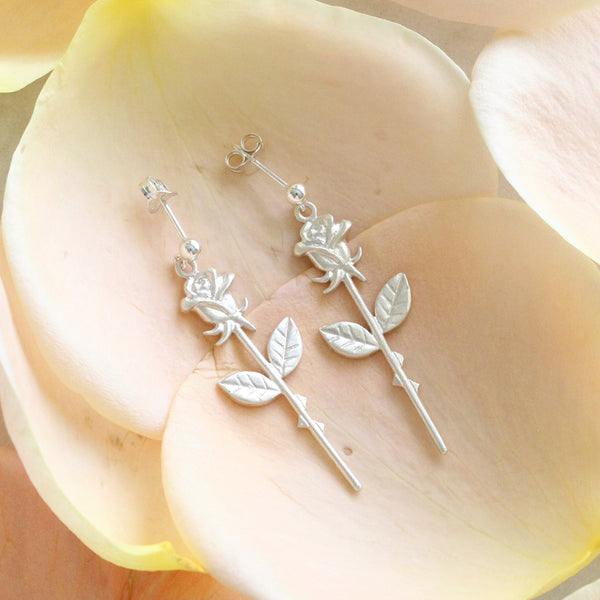 single rose drop earrings silver