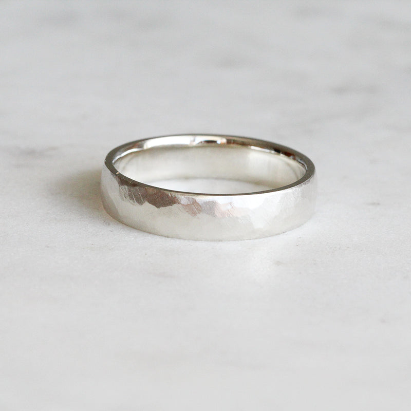 Wide Hammered Ring/ White Gold