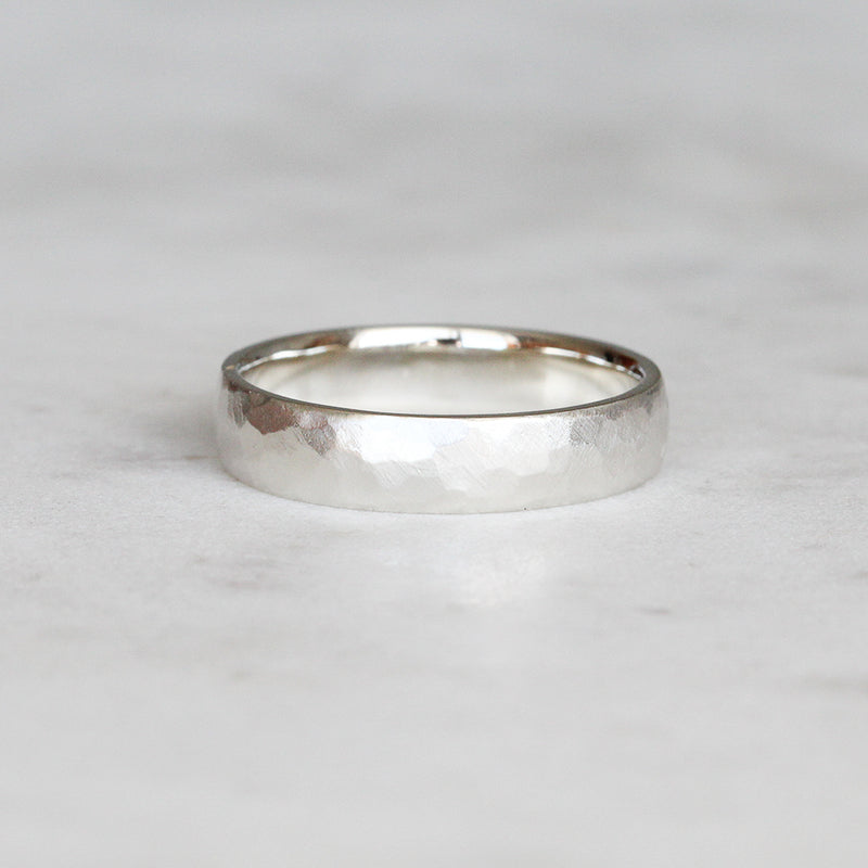 Wide Hammered Ring/ White Gold