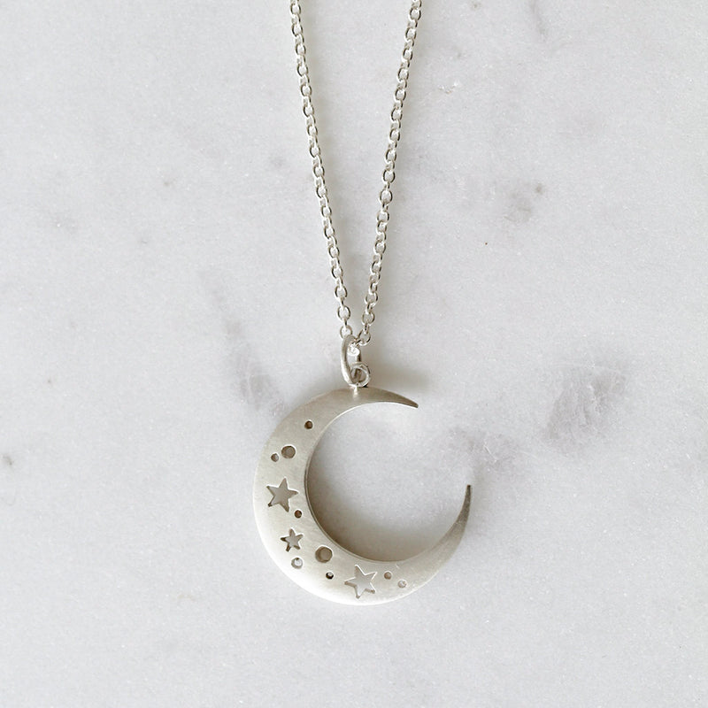 crescent moon star necklace silver