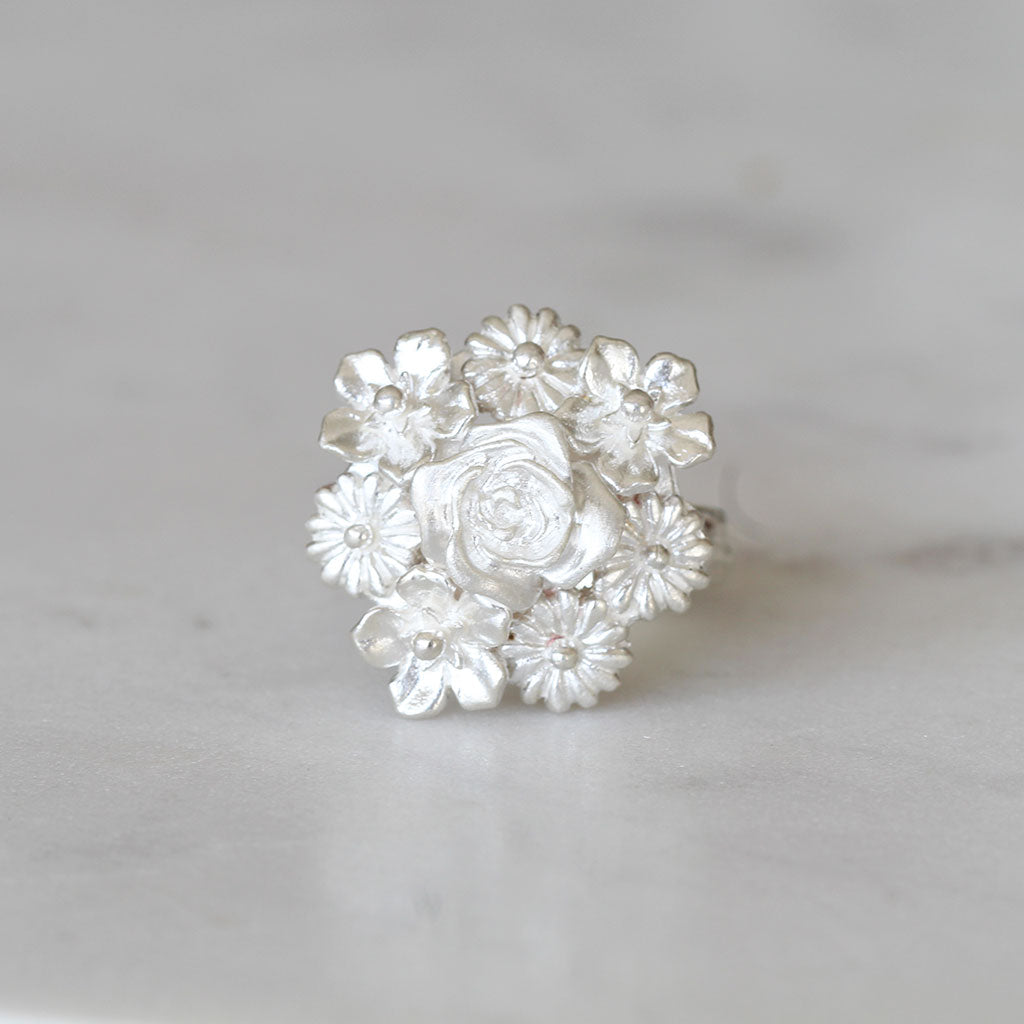 big flower bouquet ring in silver