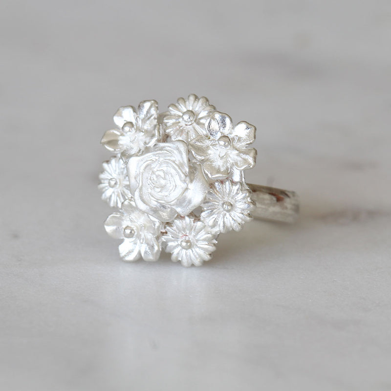 flower bouquet ring silver
