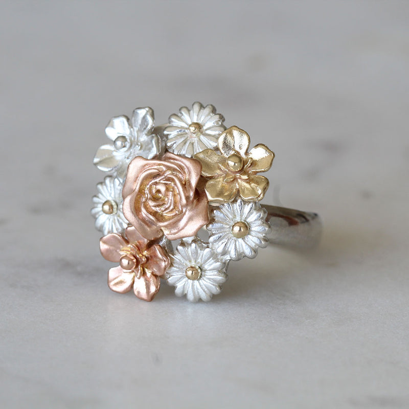 flower bouquet ring in rose gold, gold and silver