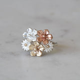 flower bouquet ring in gold, rose gold and silver
