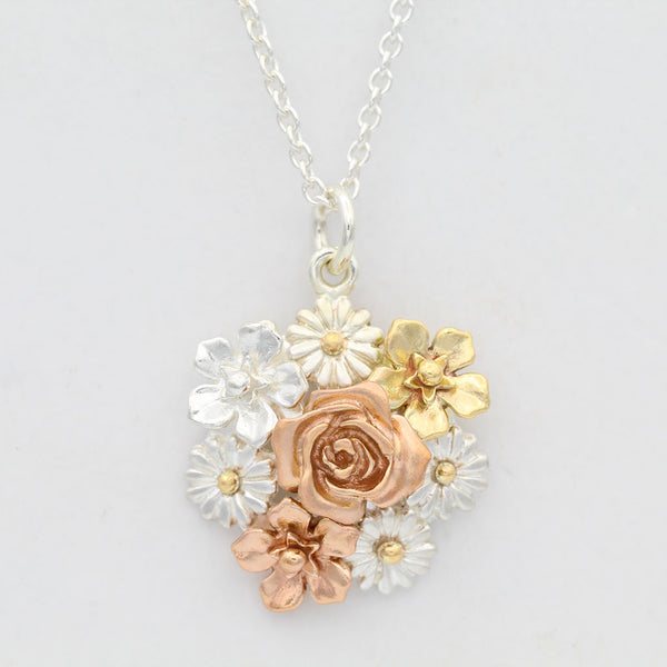 flower bouquet necklace in gold, silver and rose gold