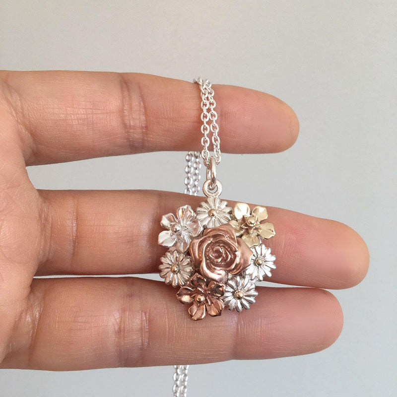 flower bouquet necklace in mixed metal