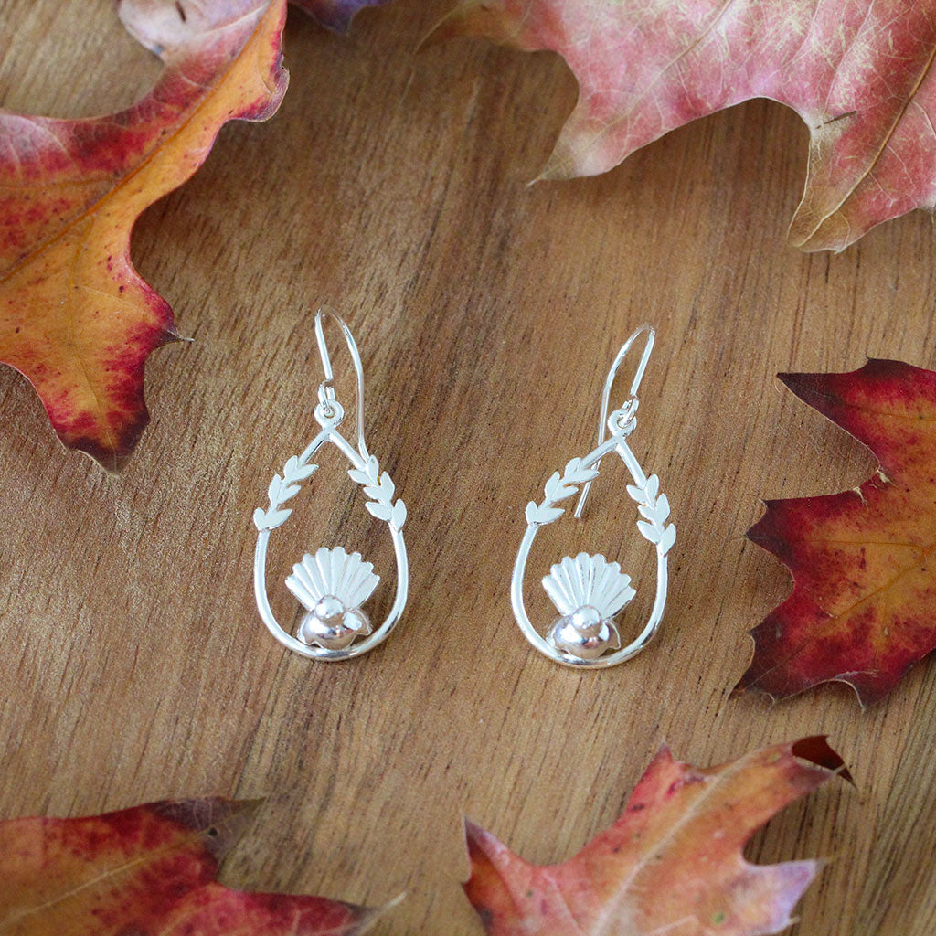 silver fantail bird earrings
