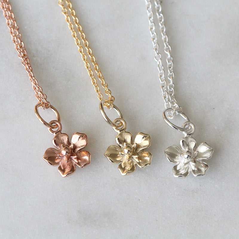 forget me not necklace in gold, rose gold, silver