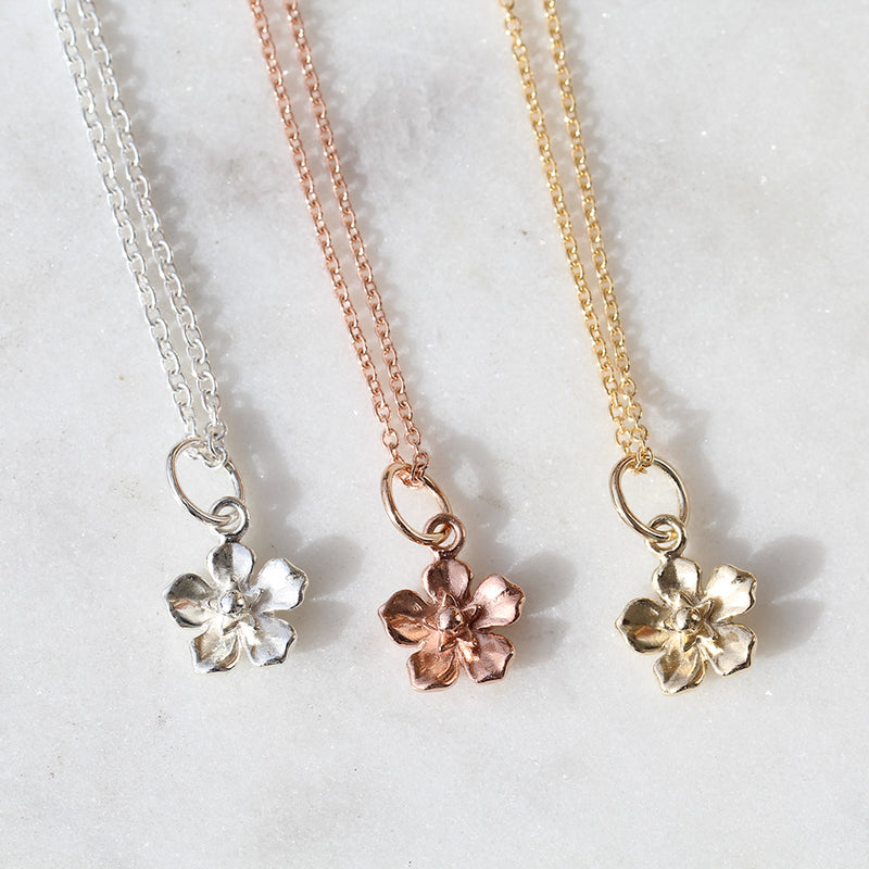 forget me not flower necklace in gold, rose gold, silver