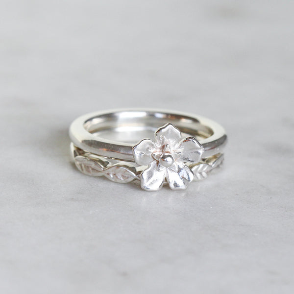 forget me not silver ring and leaf ring