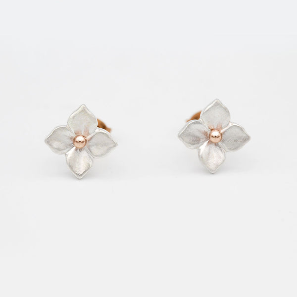 hydrangea earrings in silver and rose gold