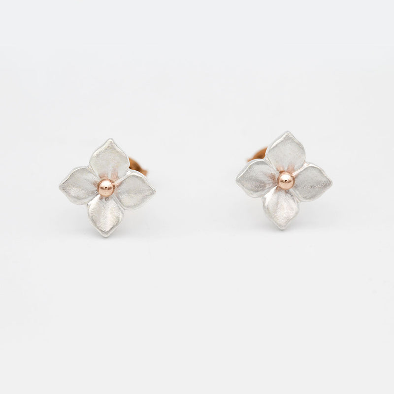 hydrangea earrings in silver and rose gold