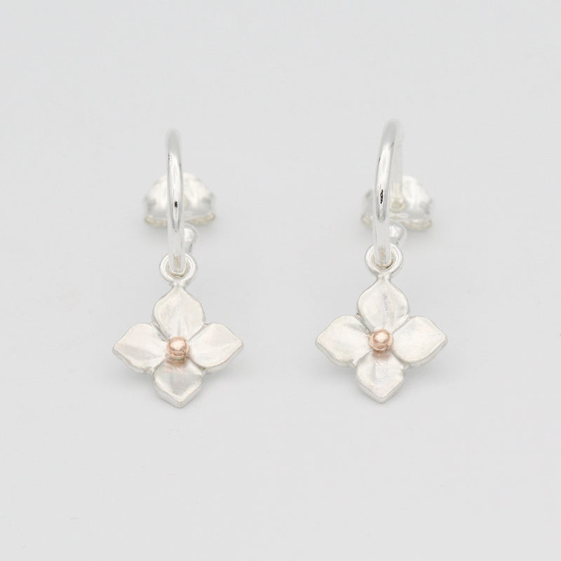 hydrangea hoop earrings in rose gold and silver