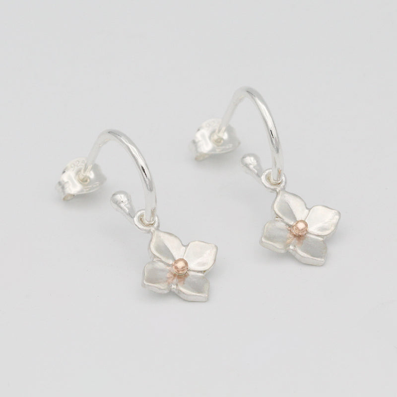 hydrangea flower earrings in rose gold and silver