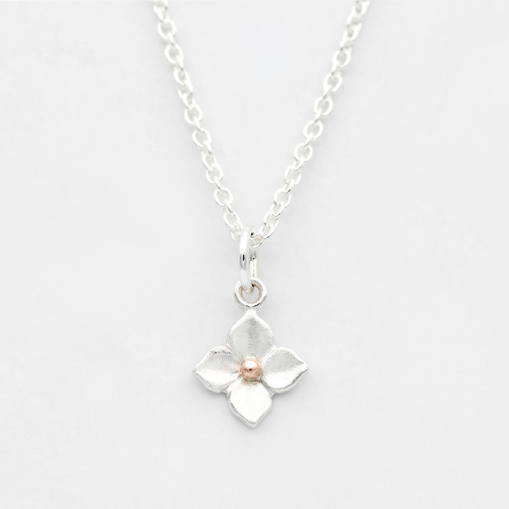 hydrangea necklace in rose gold and silver