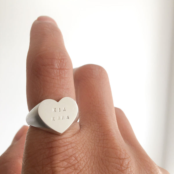 Kia Kaha heart stamped signet ring in silver