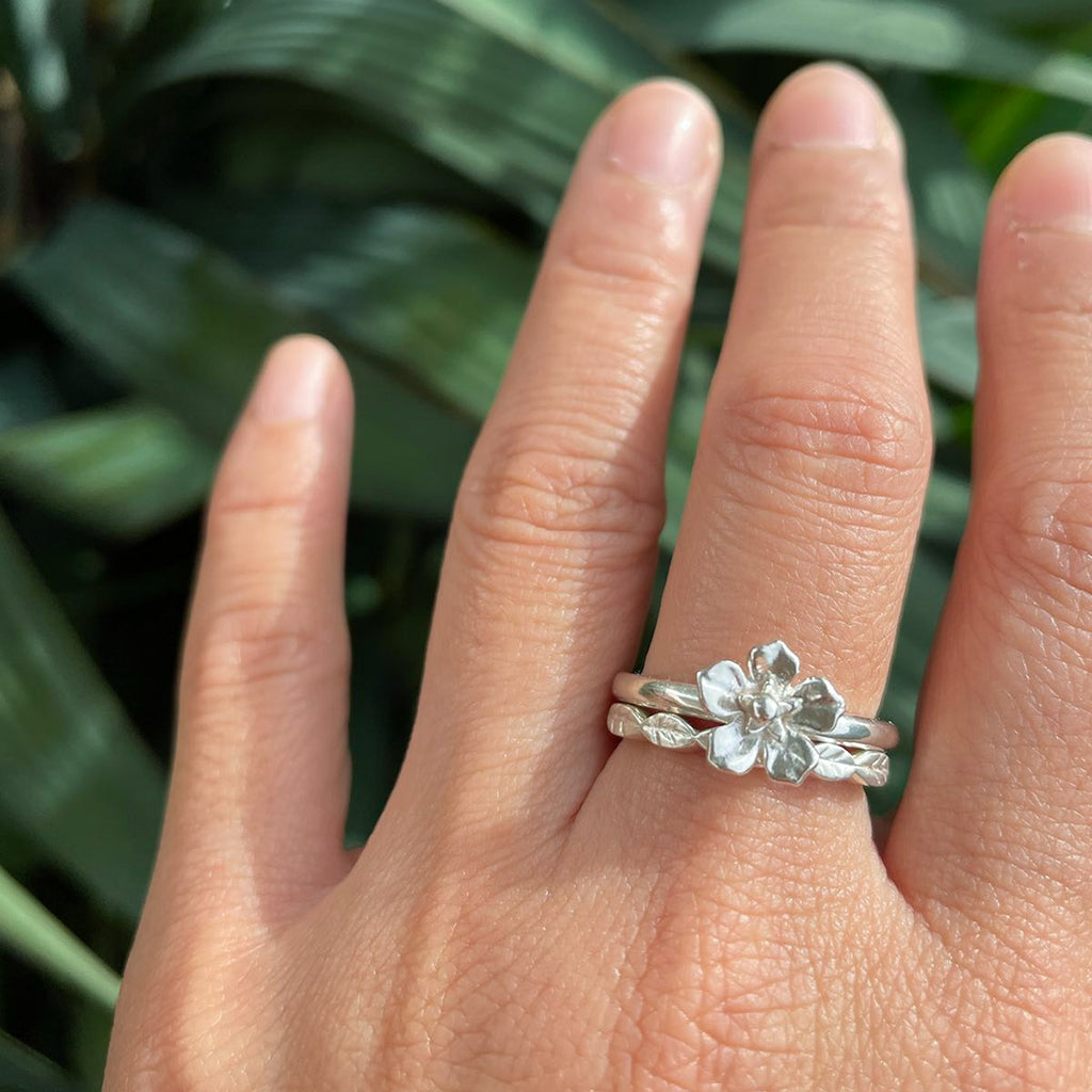 forget me not flower ring and leaf ring in sterling silver