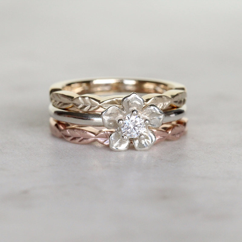 diamond forget me not ring and leaf rings stack
