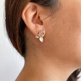 rose earrings rose gold with silver leaf