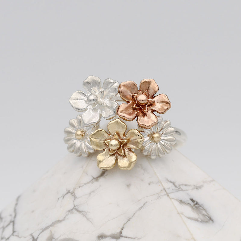 flower bouquet ring in rose gold, gold and silver